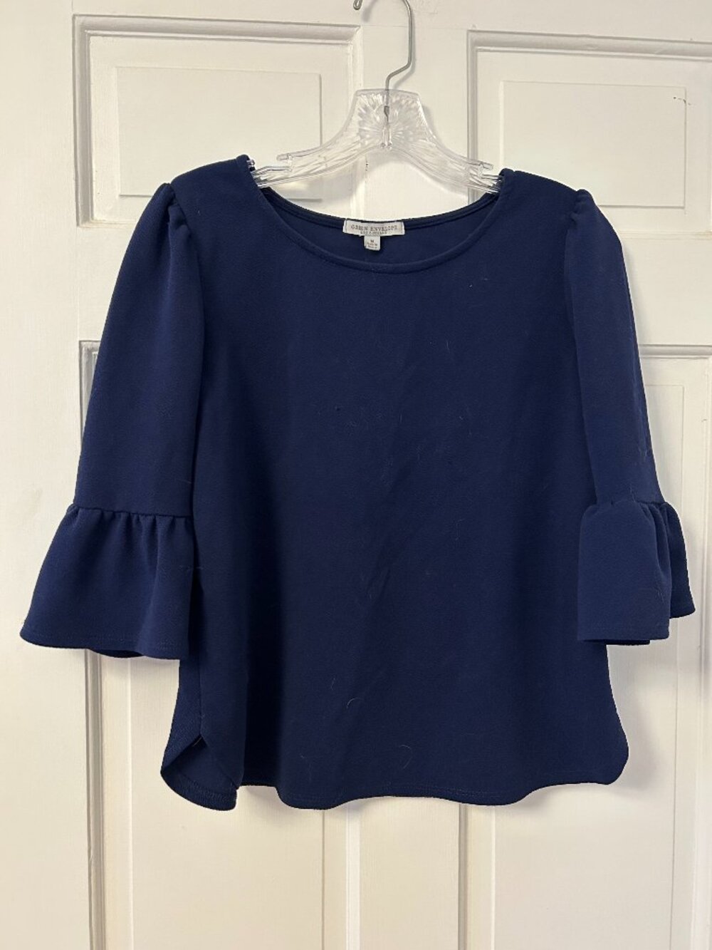 Green Envelope Navy Blouse with Bell Sleeves Size Medium